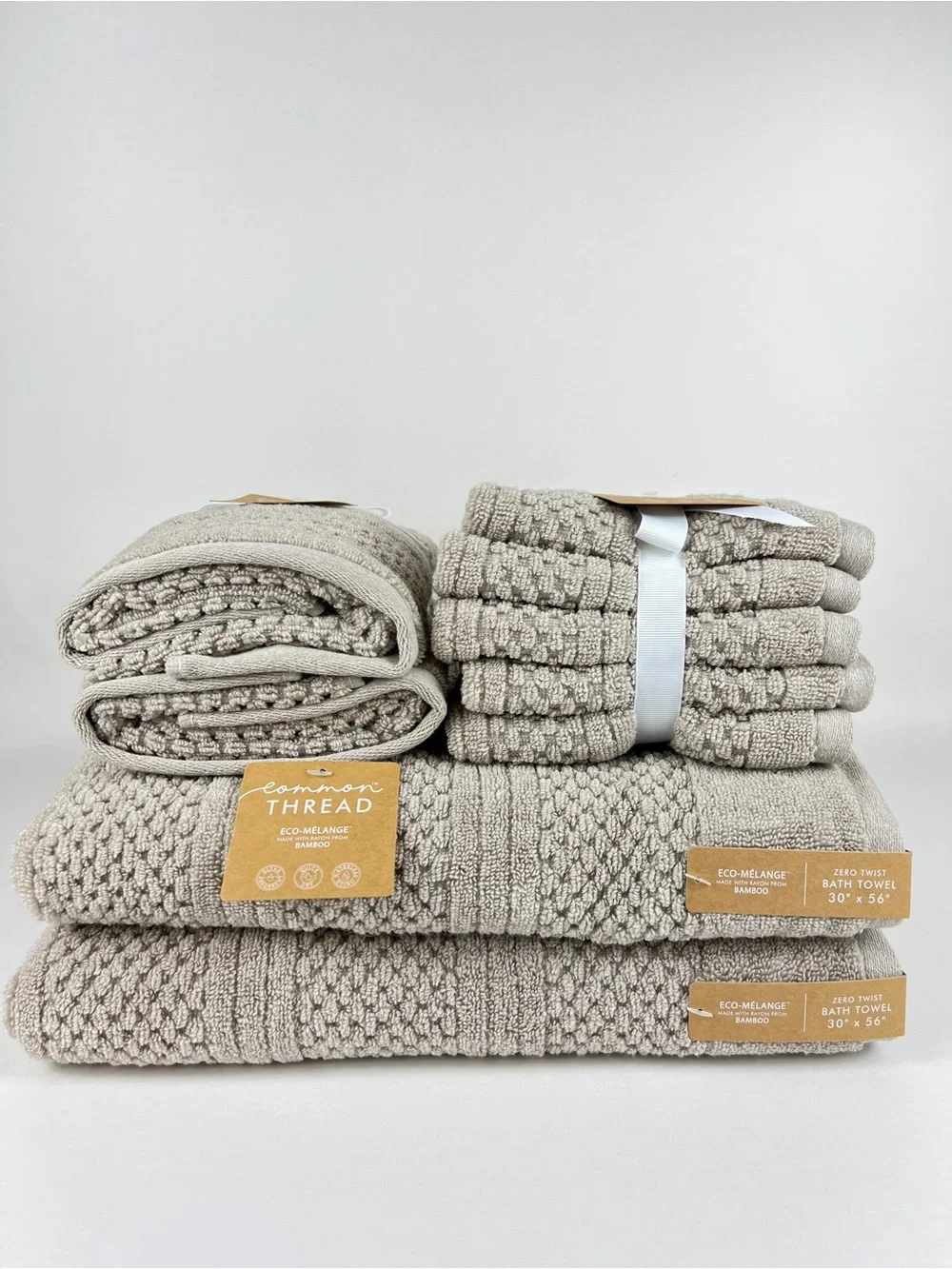 Common Thread Bath Towel Set Bamboo Eco Melange Tan Zero Twist Cotton 9 Pc NEW